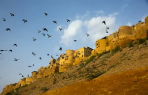Birds flying over a rugged hillside fortress made of warm stone under a blue sky.